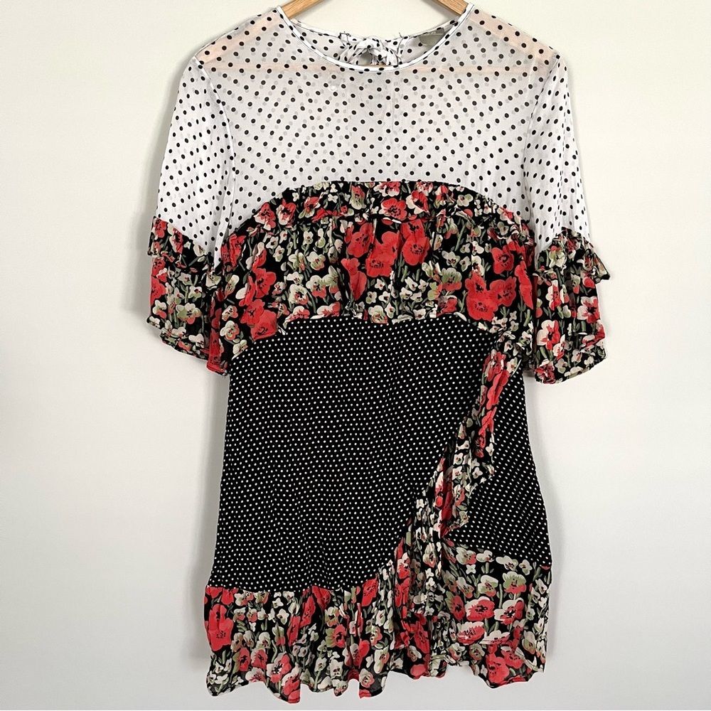 Asos Mixed Print Polka Dot and Floral Ruffle Mini Dress, Size 0 Petite